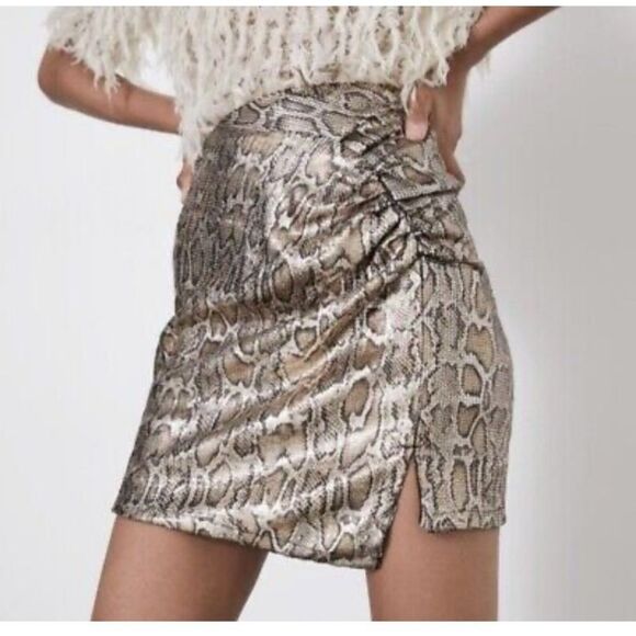 Zara size small Snake Print Gold Sequin Mini Ruched Micro Skirt - Picture 1 of 6